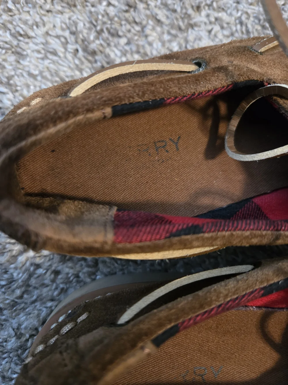 Authentic Sperry Boys Suede Boat Shoes Brown Plaid Lining - Size 7M